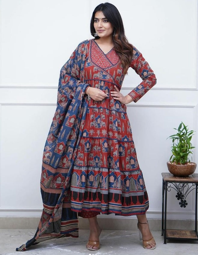 Women Red Floral Printed Anarkali Kurti Pant & Dupatta Set